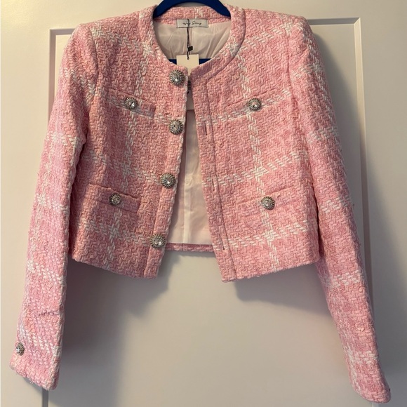 Women's Jewelry Buttons Knitted Tweed Pink Crop Blazer Jacket - pink M/L - Picture 3 of 5